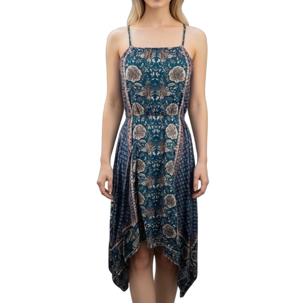 Angie Boho Floral Casual Asymmetrical Open Back Halter Midi Dress Medium Blue